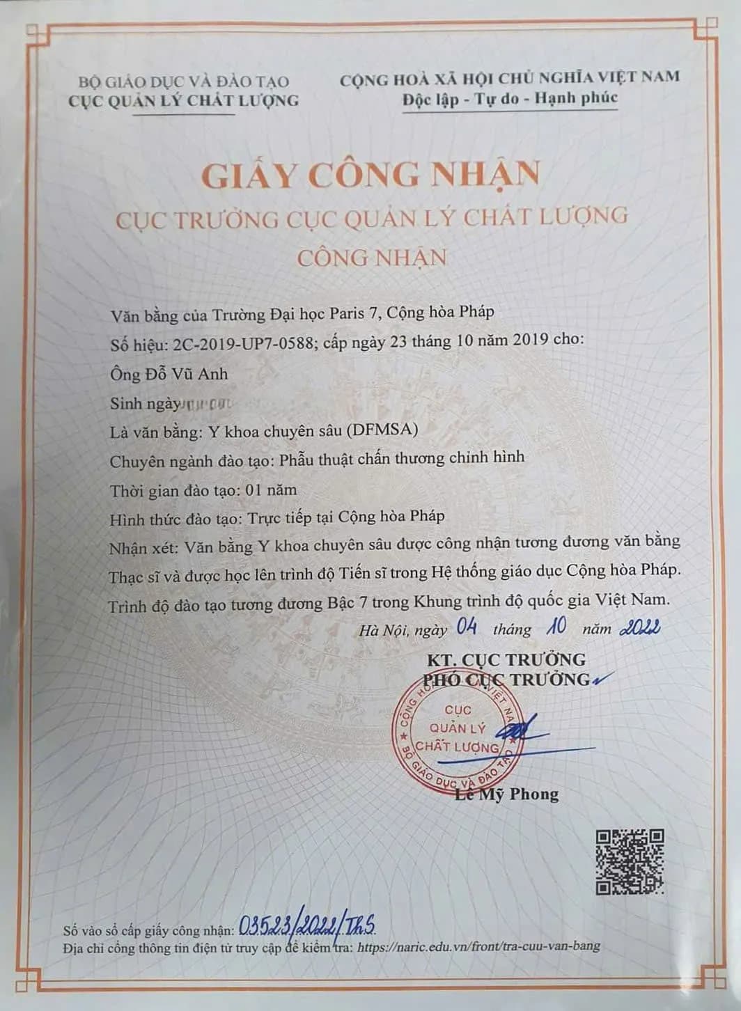 GIấy công nhận DFMSA